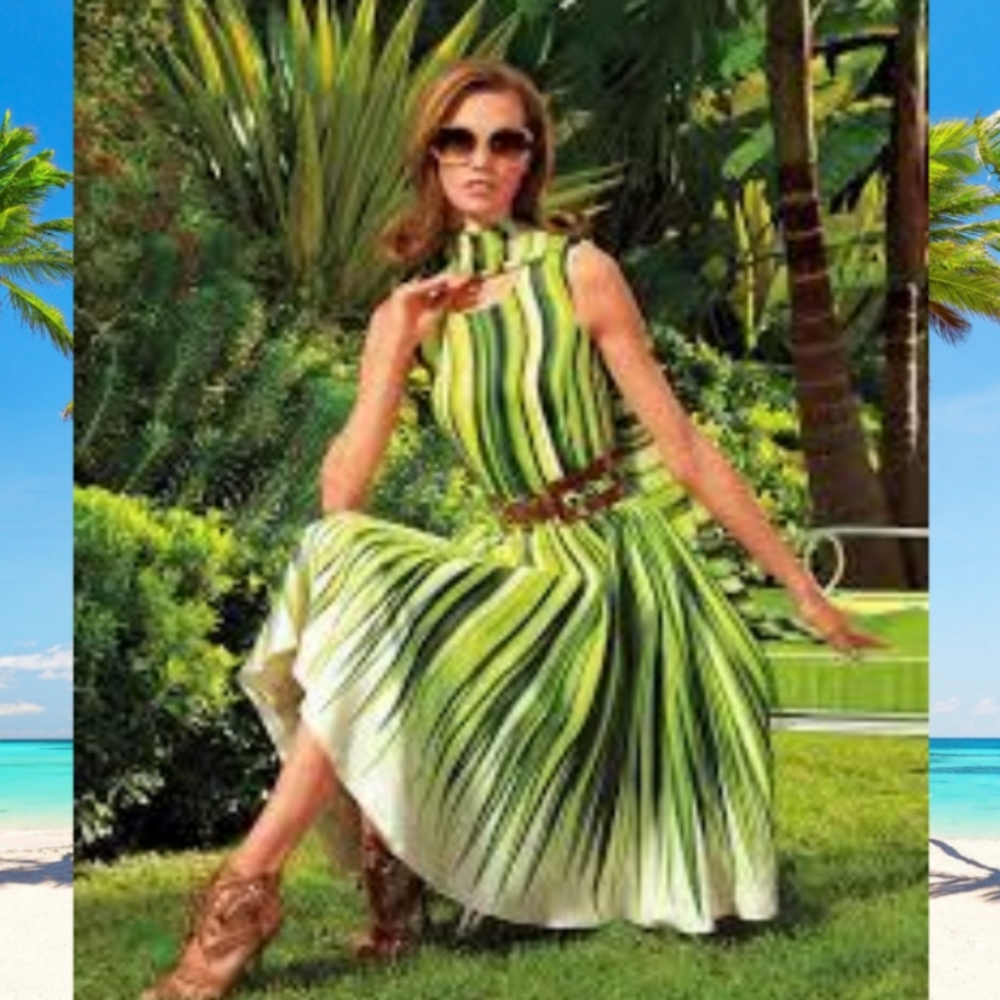 $3,700 OSCAR DE LA RENTA STUNNING GREEN SILK PALM LEAF DRESS US 2